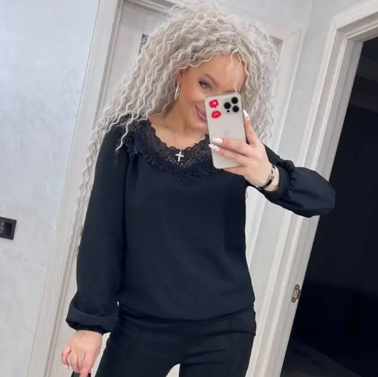 Нарядна блузка жіноча з мереживом літня чорна блуза з широкими рукавами стильна кофточка з довгим рукавом, фото 1