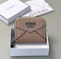 Женский маленький кошелек Guess бежевый на молнии, брендовое фирменный маленький кошелёк на подарок
