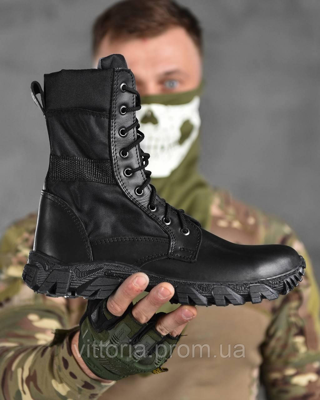 Тактичні чорні шкіряні черевики Closed Військове взуття з натуральної шкіри зі вставками з оксфорду