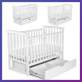 Дитяче ліжечко Марія прямокутне дерев'яне букове DS-201 маятник із шухлядою Білий