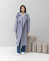 Демисезонное длинное женское голубое двубортное пальто из шерсти Манхэттен  Размеры 48- 60