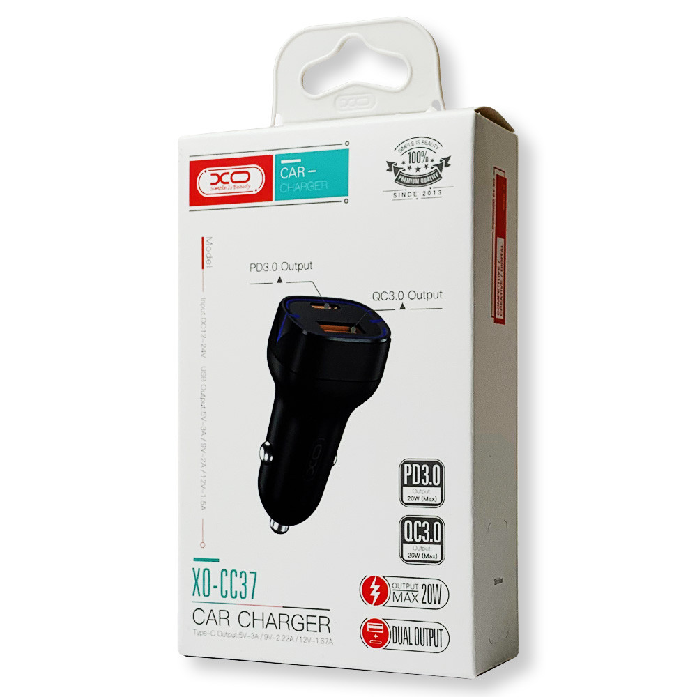 Автозарядний адаптер XO CC37 1 USB QC3.0 + Type C 20W чорний, фото 1