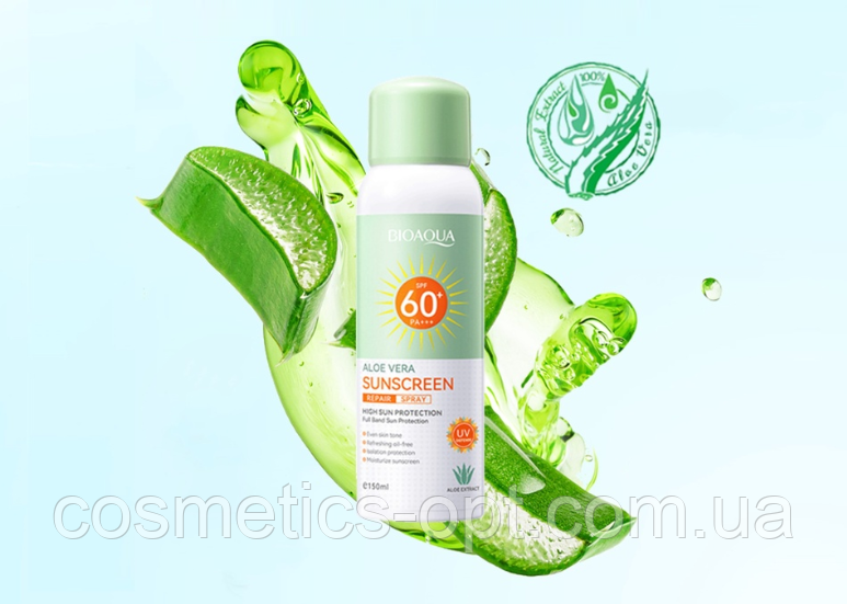 Сонцезахисний спрей з екстрактом алое вера Bioaqua Aloe Vera Sunscreen Repair Spray SPF60+ PA+++, 150 ml