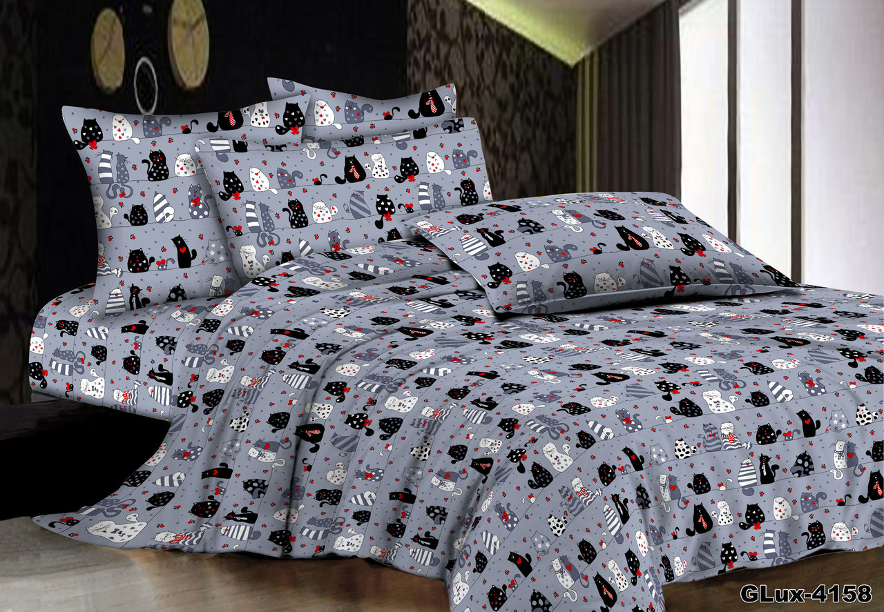 Полуторний комплект (Бязь) | Комплект постільної білизни "Котики" | Простирадло 150х220 см, фото 1