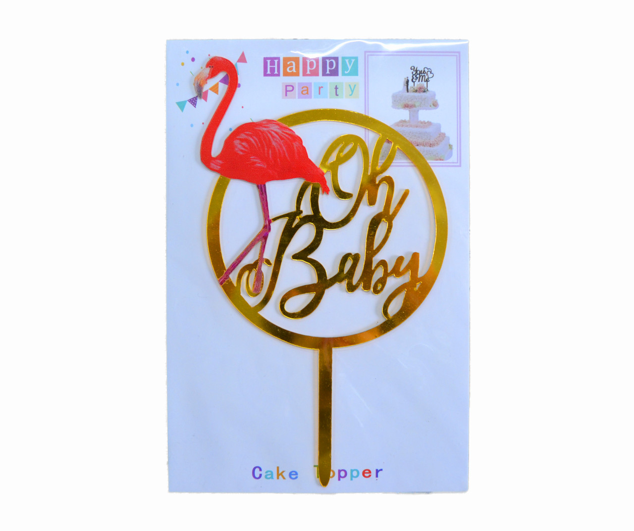 Топпер для торта "Oh baby фламінго" золотий (17х9,5см) 1шт.