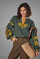 Женская шикарная блуза-вышиванка с золотыми колосками и длинным рукавом Хаки, S