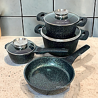 Набор кухонной посуды кастрюли и сковорода с гранитным антипригарным покрытием Higher Kitchen HK-315 зеленый