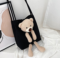Шопер сумка з м'якою іграшкою ведмедика та чорна сумка через плече для дівчинки хлопчика на кнопці
