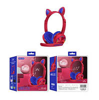 Беспроводные наушники с микрофоном Azimuth A23 милые кошачьи ушки, светящиеся, складные (Красный)
