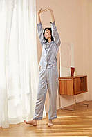 Женская синяя пижама из атласа, Атласная рубашка и брюки, Комплект для дома и сна, Синяя атласная пижама Синий, L