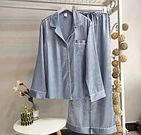 Женская синяя пижама из атласа, Атласная рубашка и брюки, Комплект для дома и сна, Синяя атласная пижама Синий, XL