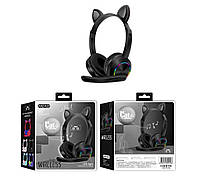 Беспроводные наушники с микрофоном Azimuth A23 милые кошачьи ушки, светящиеся, складные (Черные)