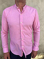 Рубашка мужская с длинным рукавом, приталенная, розовая, воротник стойка