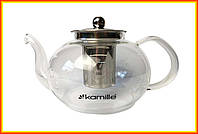 Чайник стеклянный Kamille 1200мл огнеупорный с заварником. Из стекла, стильный дизайн, удобная ручка и сливной