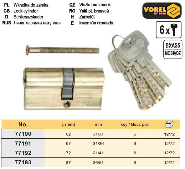 Серцевина замка ассиметрическая латунь l=87 мм 36/51 мм 6 ключів VOREL-77193