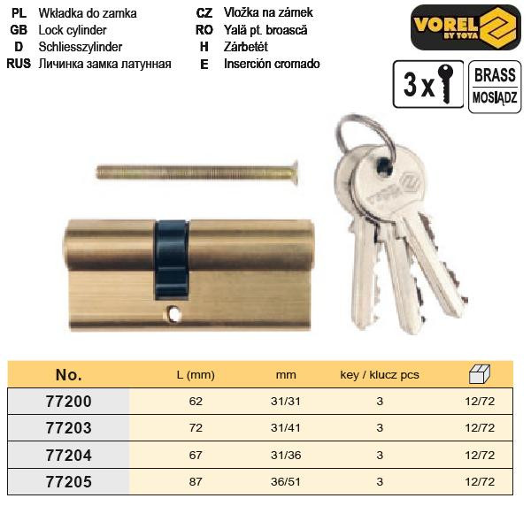 Сердцевина замка латунь l=62 мм 31/31 мм 3 ключа VOREL-77200