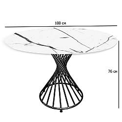 Стіл круглий для кухні Spiral 100 см білий матовий мармур на чорній металевій опорі