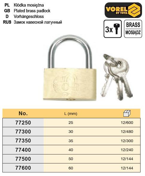 Замок навісний дуговий латунь l=25 мм VOREL-77250