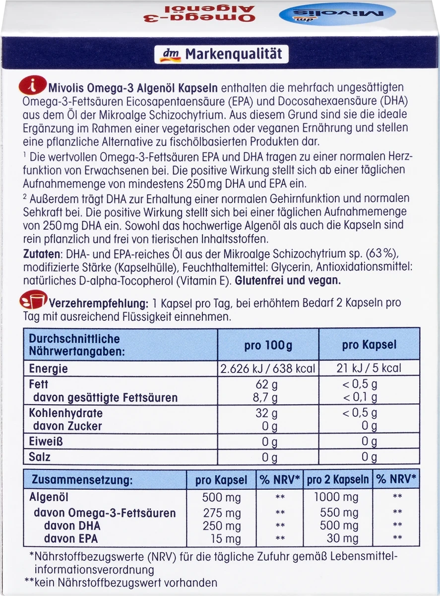 Біологічно активна добавка з олією водоростей Mivolis Omega-3 Algenöl, 30 шт. - фото 3 - id-p2116700570