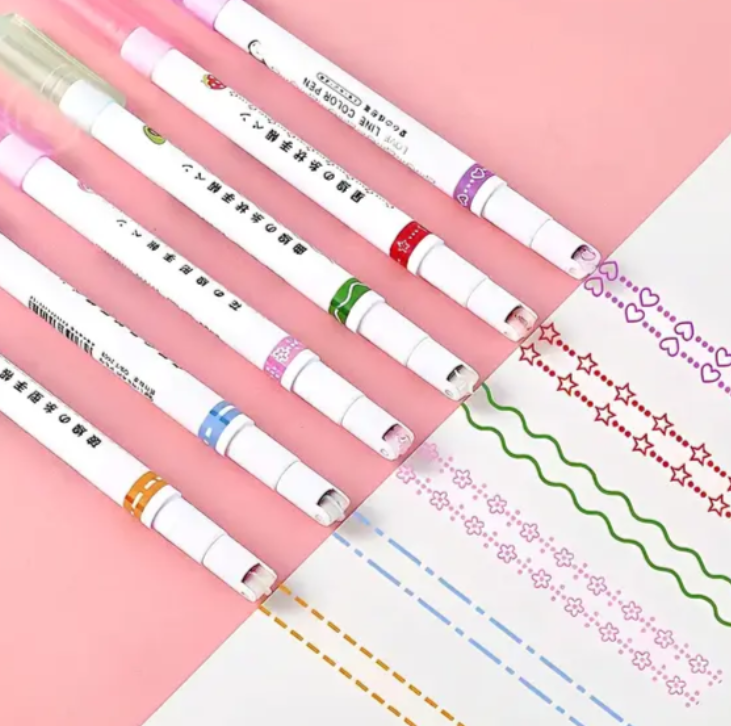 Набір двосторонніх маркерів роликового типу з візерунками та лінією 6 шт Jm, фото 1