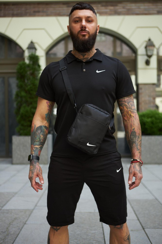 Чоловічий літній спортивний костюм Nike, комплект футболка поло чорна та шорти, барсетка У ПОДАРУНОК LOV