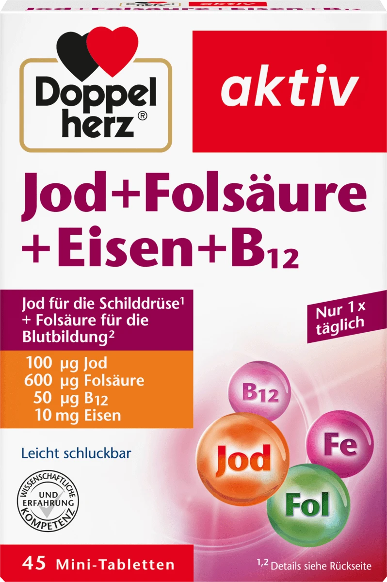 Біологічно активна добавка Doppelherz aktiv Jod + Folsäure + Eisen + Vitamin B12, 45 шт.