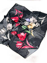 Шовкова хустка Леа тюльпани 90*90 см чорна ручна обробка краю