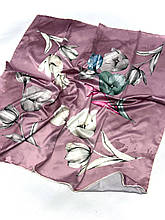 Шовкова хустка Леа тюльпани 90*90 см темна пудра ручна обробка краю