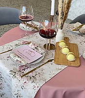 Дорожка на стол хлопковая водоотталкивающая раннер цветы розовые фонсерый