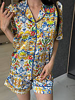 Женская шелковая пижама с шортами Coccolarsi домашний костюм рубашка шорты шелк