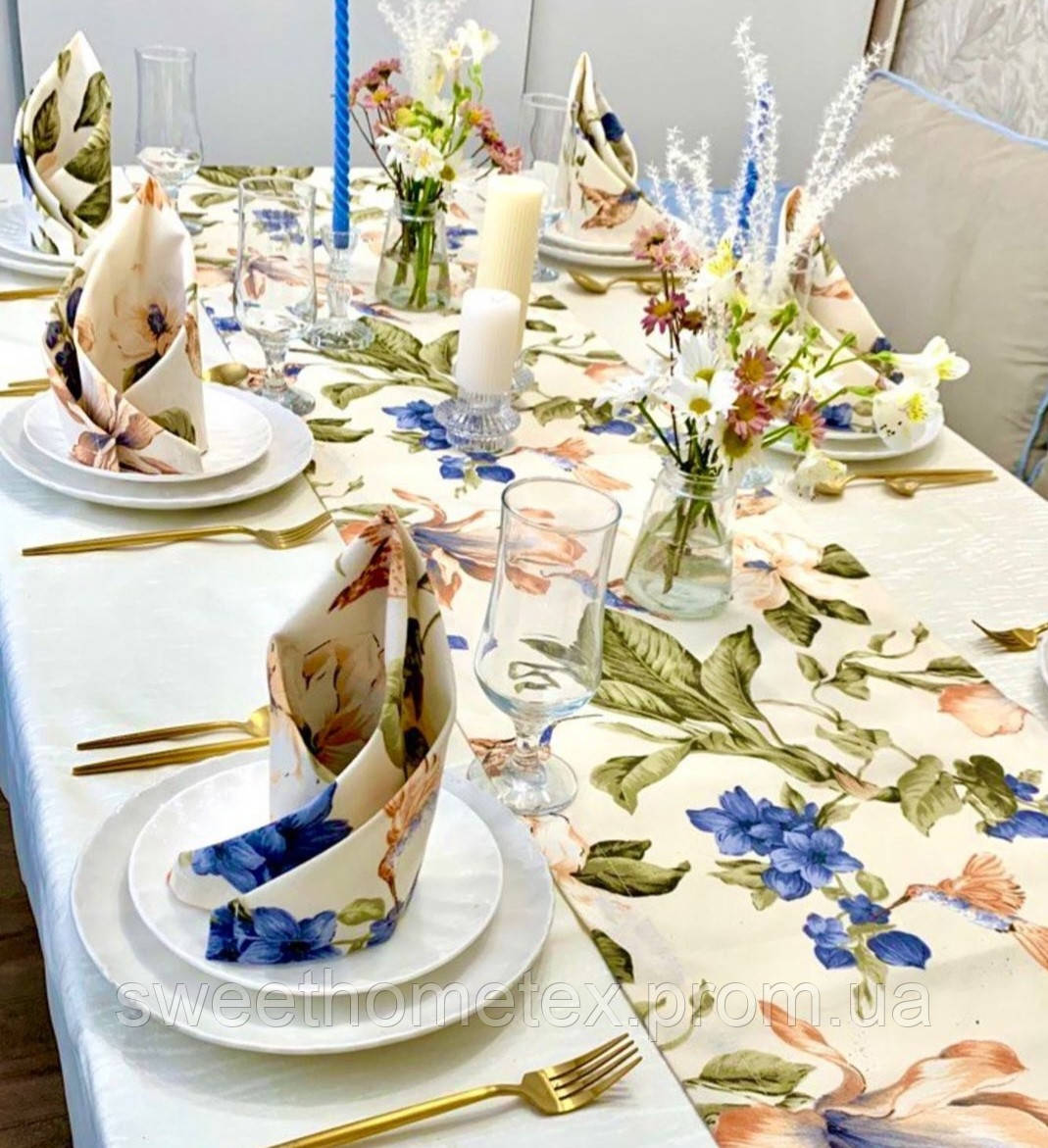 Доріжка на стіл бавовняна водовідштовхувальна ранок квіти сині жовтогарячі та колібрі