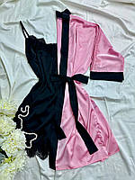 Комплект для дома халат с кружевом+пеньюар атлас шелк (черный/розовый)