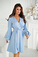Нарядное платье средней длины на запах с вышивкой Колоски голубой