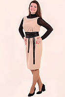 Платье сарафан шерсть кашемир теплое бежевое с атласным поясом, пл 791