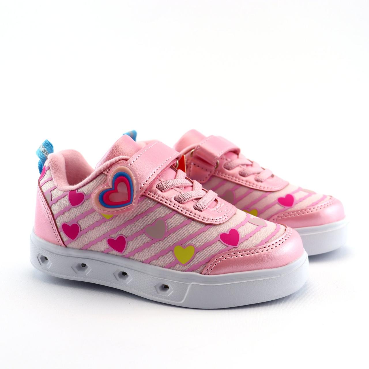 Кросівки дитячі рожеві для дівчинки, що світяться із сердечками липучка тм BiKi