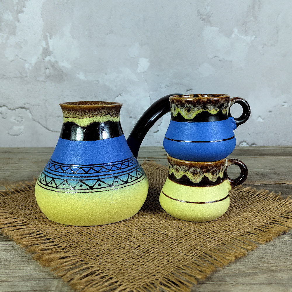 Турка Верона 350 мл синьо-жовта керамічна з чашками + розсікач, фото 1
