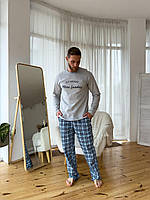 Пижама мужская трикотаж на подчёсе зимняя SUNDAY штаны клетка СИНЕ-ГОЛУБАЯ