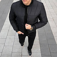 Бомбер чоловічий чорного кольору на весну, зручна чорна чоловіча куртка бомбер водовідштовхувальна