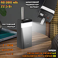 Power Bank HOCO 40000mAh-86J/2USB/1Type-C, micro USB с быстрой зарядкой и фонарем Black CHS