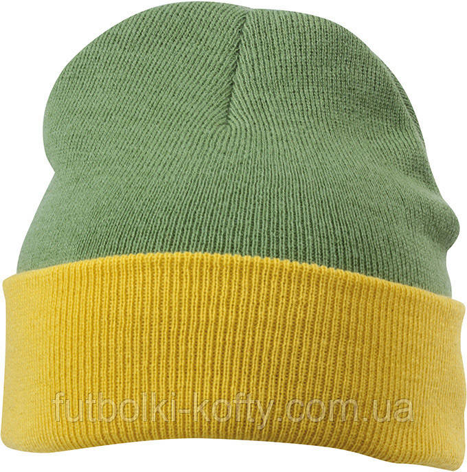 В'язана шапка з відворотом комбінована колір оливковий/жовтий Myrtle Beach mb7550, фото 1