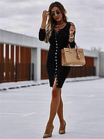 Платье черное женское приталенное с элегантным вырезом стрейч рубчик с длинным рукавом