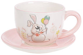 Чашка з блюдцем керамічна 240мл з об'ємним малюнком Веселий кролик ТОВАР ВІД ВИРОБНИКА