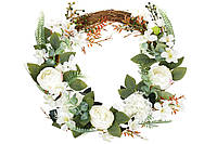 Декоративний вінок з троянд, гвоздик та жовтців, 43см, колір - білий ТОВАР ВІД ВИРОБНИКА
