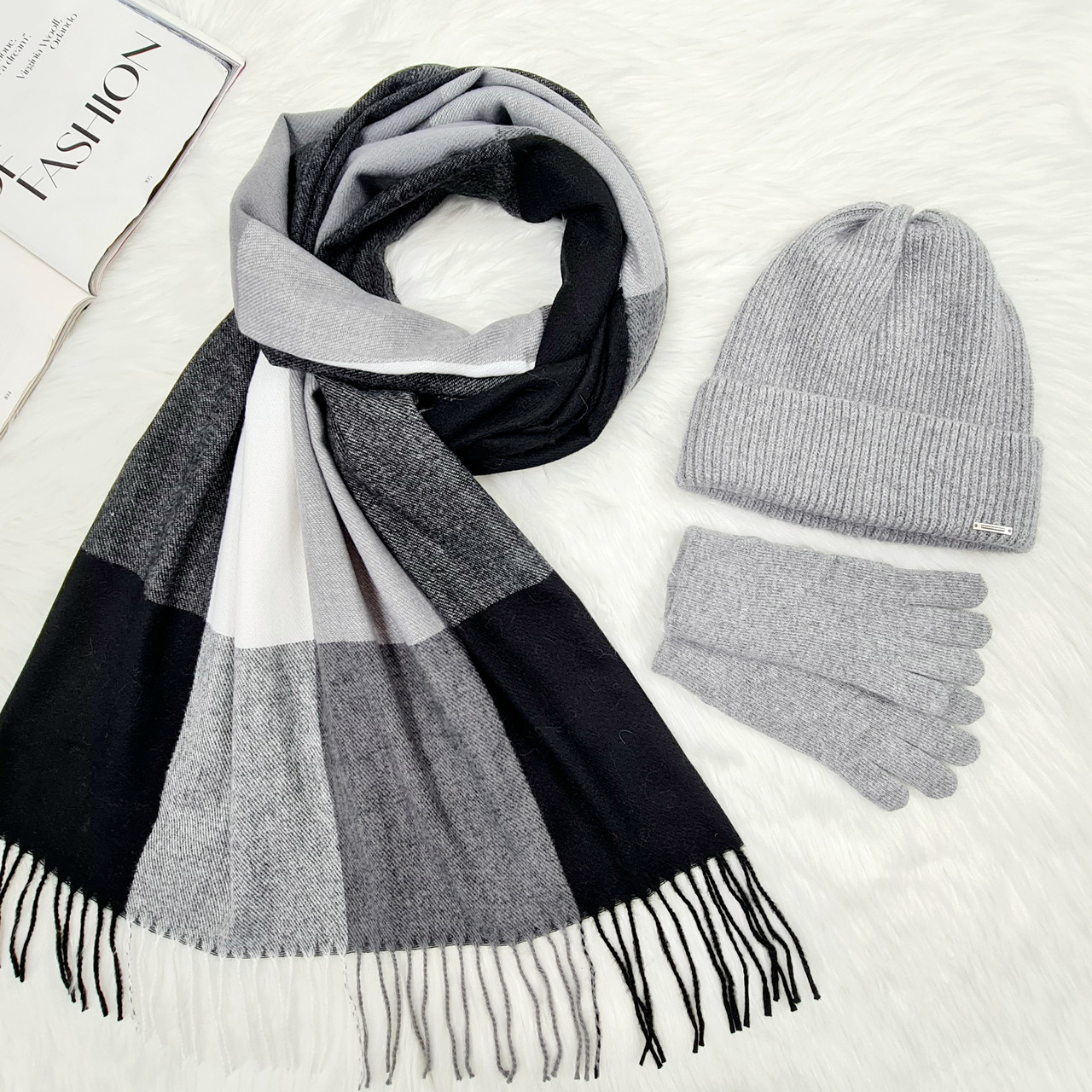 Комплект жіночий зимовий ангора з вовною на флісі (шапка+шарф+рукавички) ODYSSEY 56-58 см сірий 12704 - 1125 - 4001, фото 1