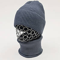 Комплект женский демисезонный коттоновый шапка+шарф-снуд Odyssey 56-59 см серо-голубой 12764 - 12680
