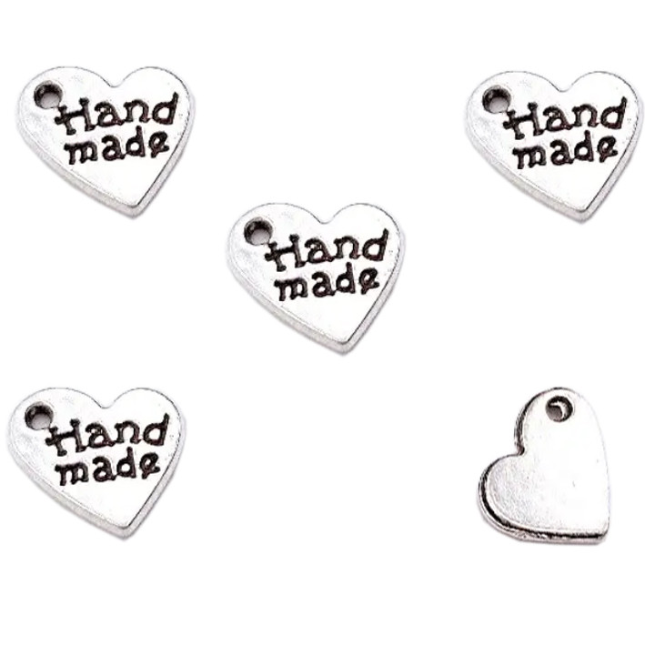 Набір 5 шт Підвіски Кулони 8 мм Серця "Hand Made", Метал Сріблястий, Рукоділля, Фурнітура на Біжутерію