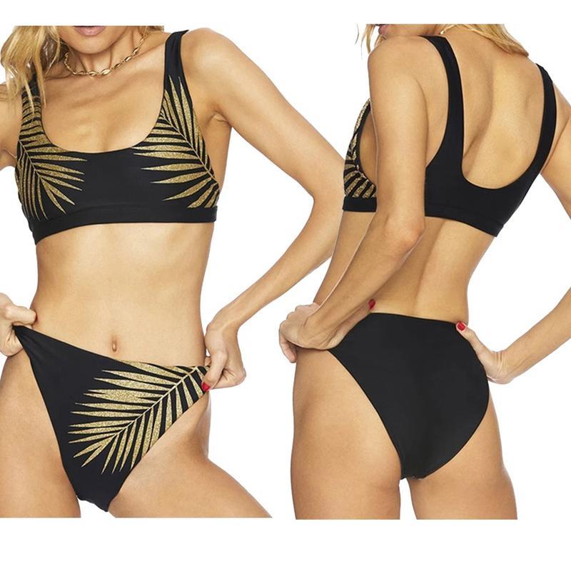 Красивий чорний роздільний купальник із золотим листям