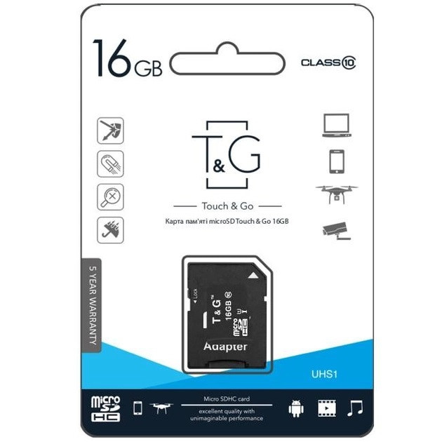 Карта пам'яті T&G microSDHC 16Gb UHS-1 (Class 10) + Adapter SD, фото 1