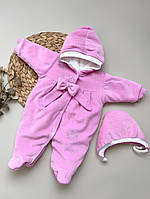 Утеплений велюровий комбінезон для малюків з шапочкою Бантік зріст 56 см (0 - 3 місяці) Lari Яскраво-рожевий