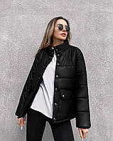 Женская крутая кожаная куртка на пуху на весну/лето чёрная. Женская кожанка чёрного цвета